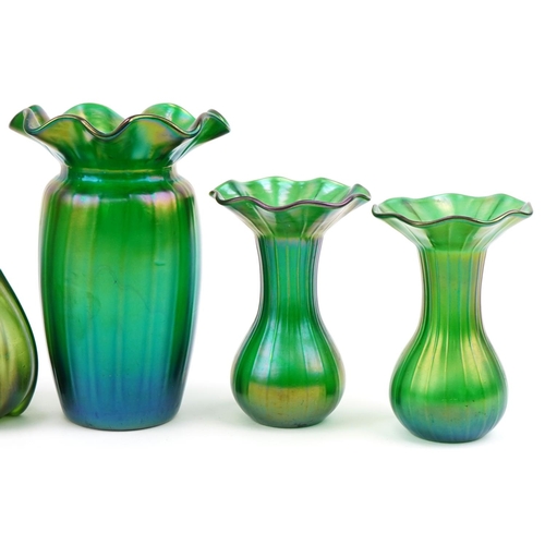 516 - Loetz glass vases including frilled examples, the largest 20cm high