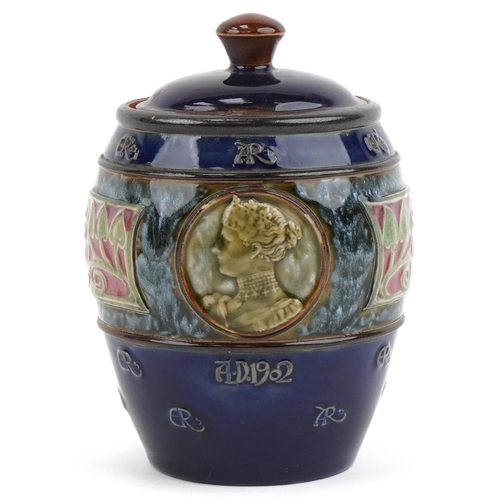 271 - Royal Doulton Arts & Crafts Edward VII commemorative tobacco jar and cover with impressed marks to b... 