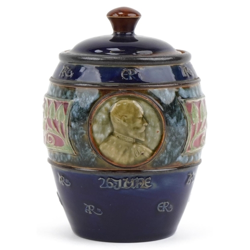 271 - Royal Doulton Arts & Crafts Edward VII commemorative tobacco jar and cover with impressed marks to b... 