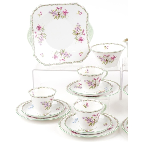 360 - Shelley hand painted six place floral tea service, pattern number 13512, the teapot 25cm wide