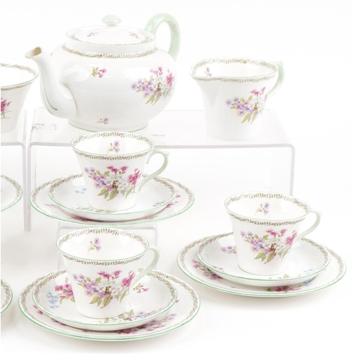 360 - Shelley hand painted six place floral tea service, pattern number 13512, the teapot 25cm wide