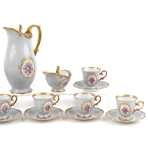 2135 - Tirschenreuth Bavaria, German porcelain six place coffee service hand gilded and painted with flower... 