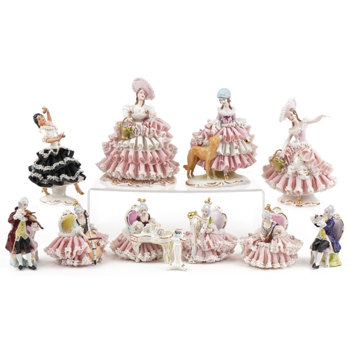 2116 - Ten Dresden porcelain lace figurines and musicians, the largest 18.5cm high