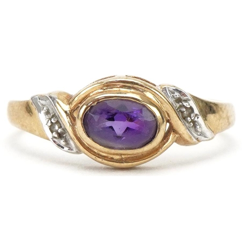 3243 - 9ct gold amethyst ring with diamond set shoulders, size L/M, 1.8g