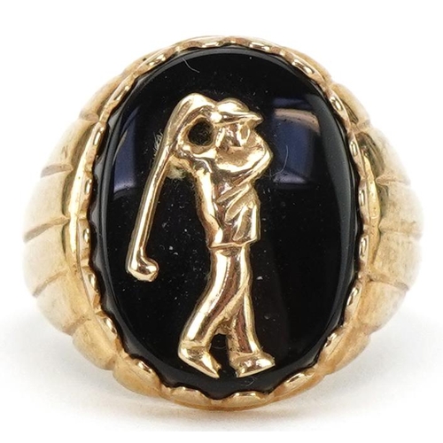 3417 - 9ct gold golfing interest black onyx signet ring, size L/M, 3.7g