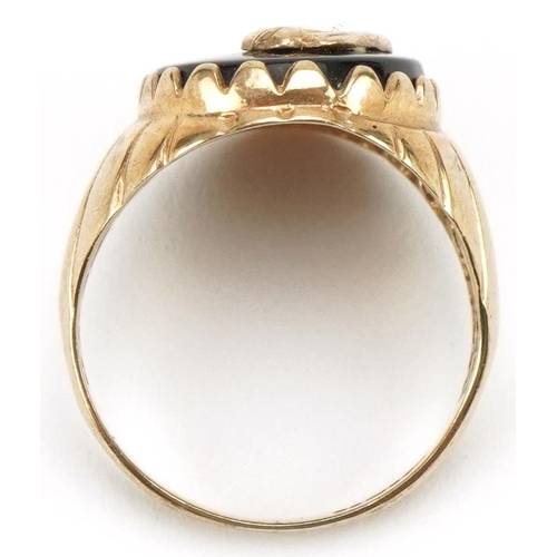 3417 - 9ct gold golfing interest black onyx signet ring, size L/M, 3.7g