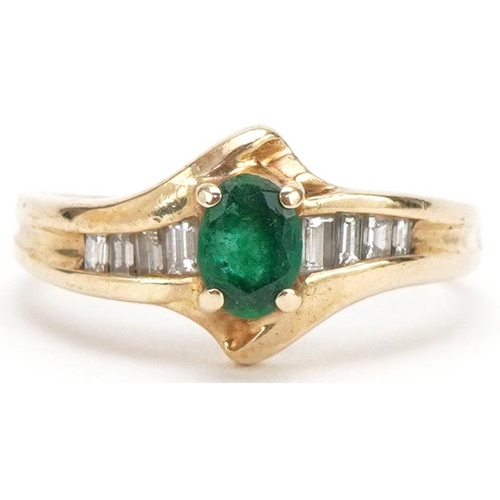 3291 - Modernist 9ct gold emerald and diamond ring, indistinct hallmarks, size M/N, 2.6g