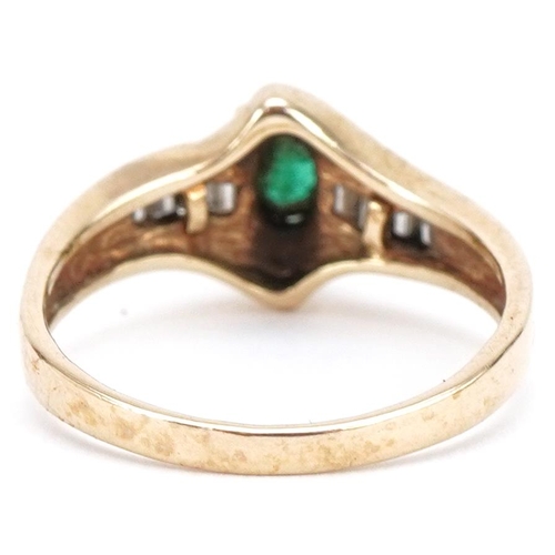 3291 - Modernist 9ct gold emerald and diamond ring, indistinct hallmarks, size M/N, 2.6g