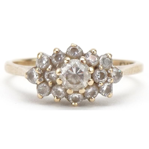 3120 - 9ct gold clear stone cluster ring, size N, 2.2g