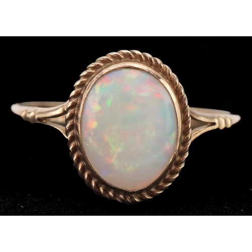 3424 - 9ct gold cabochon opal ring, size O, 1.6g