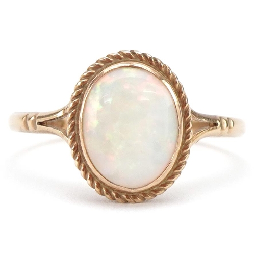 3424 - 9ct gold cabochon opal ring, size O, 1.6g