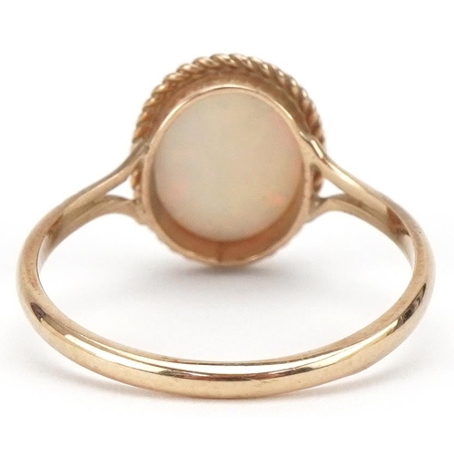 3424 - 9ct gold cabochon opal ring, size O, 1.6g