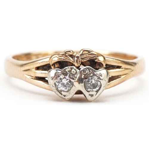 3326 - 9ct gold diamond double love heart ring, size N, 2.4g