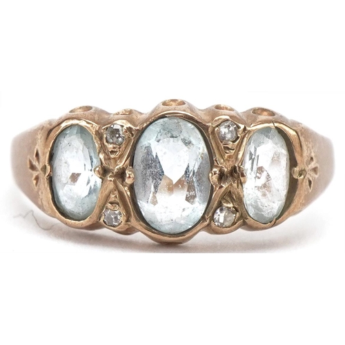 3311 - Victorian style 9ct gold aquamarine and diamond cluster ring, size M, 1.6g