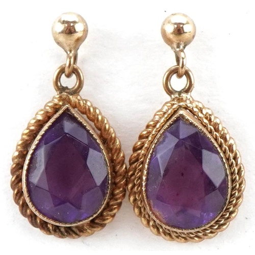 3185 - Pair of 9ct gold amethyst teardrop earrings, each 1.6cm high, total 1.9g