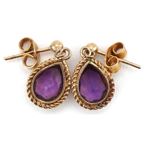 3185 - Pair of 9ct gold amethyst teardrop earrings, each 1.6cm high, total 1.9g