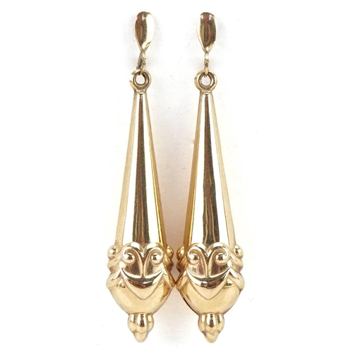 3148 - Pair of Victorian style unmarked gold drop earrings, each 4cm high, total 1.6g