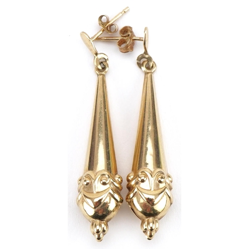 3148 - Pair of Victorian style unmarked gold drop earrings, each 4cm high, total 1.6g