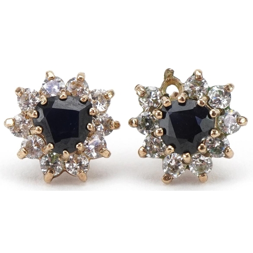 3108 - Pair of unmarked gold sapphire and clear stone cluster earrings, each 9.5mm high, total 1.6g