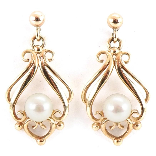 3122 - Pair of 9ct gold cultured pearl openwork drop earrings, each 2.5cm high, total 2.7g