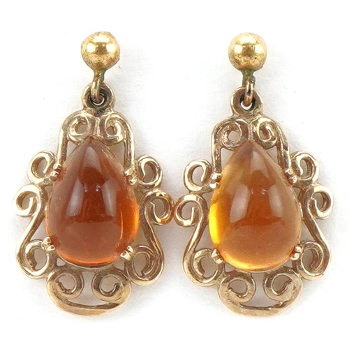 3460 - Pair of 9ct gold amber teardrop openwork earrings, each 2.1cm high, total 2.9g