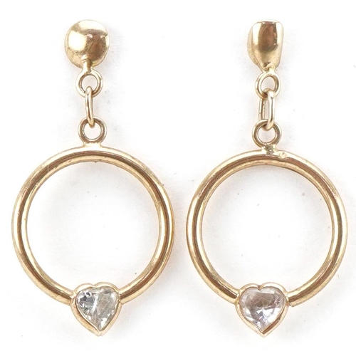 3391 - Pair of 9ct gold clear stone love heart hoop earrings, each 2cm high, total 0.8g