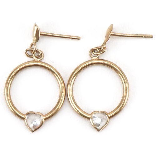 3391 - Pair of 9ct gold clear stone love heart hoop earrings, each 2cm high, total 0.8g