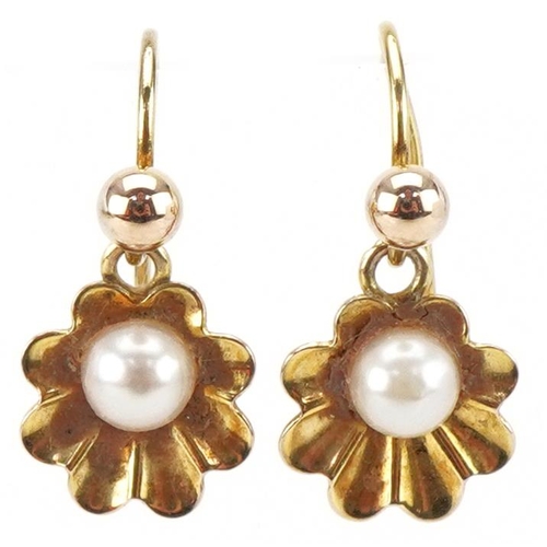 3365 - Pair of 9ct gold cultured pearl shell shaped drop earrings, each 1.6cm high, total 0.6g