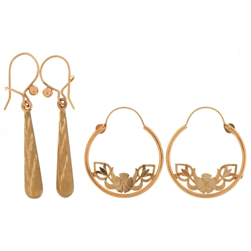 3512 - Pair of 14ct gold naturalistic hoop earrings and a pair of 9ct gold drop earrings, the largest 3.8cm... 