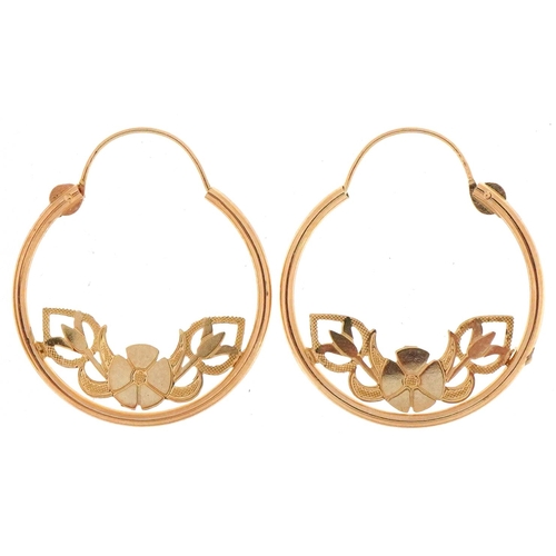 3512 - Pair of 14ct gold naturalistic hoop earrings and a pair of 9ct gold drop earrings, the largest 3.8cm... 