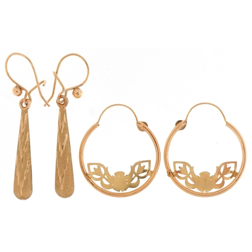 3512 - Pair of 14ct gold naturalistic hoop earrings and a pair of 9ct gold drop earrings, the largest 3.8cm... 