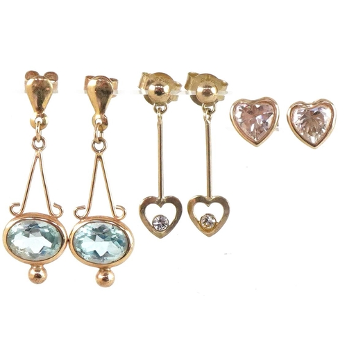 3481 - Three pairs of 9ct gold earrings including a pair of blue topaz drop earrings, the largest 2.6cm hig... 