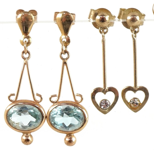 3481 - Three pairs of 9ct gold earrings including a pair of blue topaz drop earrings, the largest 2.6cm hig... 