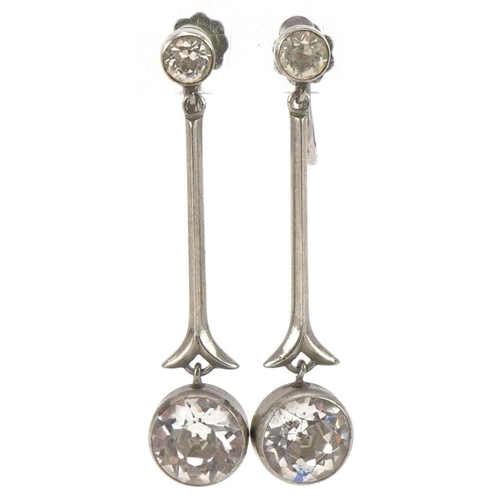 3449 - Pair of antique style white metal drop earrings set with clear stones, each 3.3cm high, total 3.0g