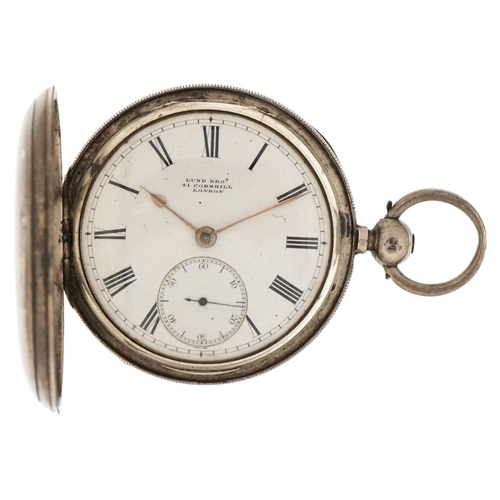 2536 - Lund Brothers, military interest gentlemen's silver full hunter pocket watch, the dust cover engrave... 