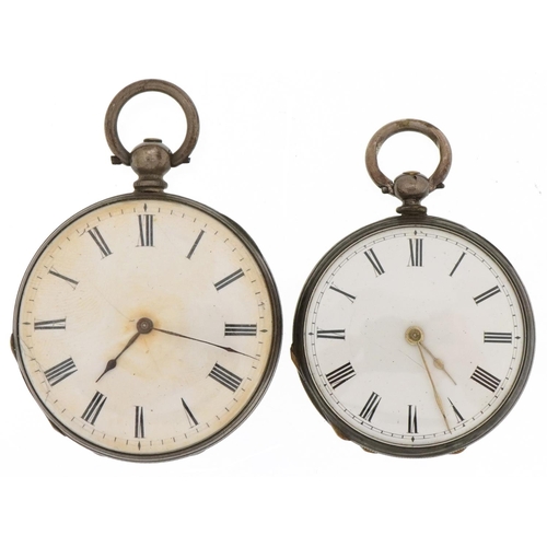 3454 - Two ladies silver open face pocket watches having enamelled dials with Roman numerals, the largest 4... 