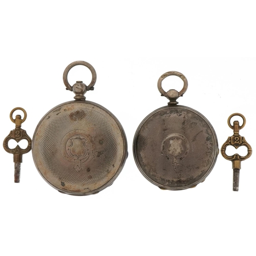 3454 - Two ladies silver open face pocket watches having enamelled dials with Roman numerals, the largest 4... 