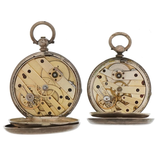 3454 - Two ladies silver open face pocket watches having enamelled dials with Roman numerals, the largest 4... 