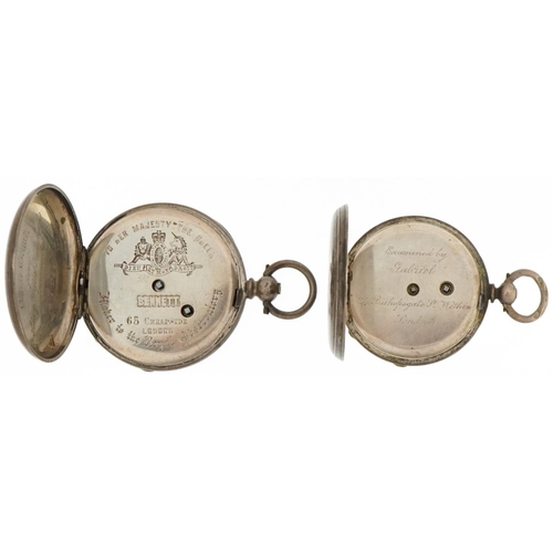 3454 - Two ladies silver open face pocket watches having enamelled dials with Roman numerals, the largest 4... 