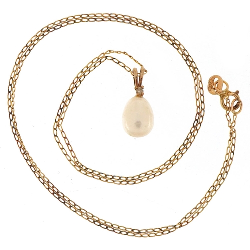 3518 - Cultured pearl and diamond pendant on a 9ct gold necklace, 1.5cm high and 44cm in length, total 1.4g