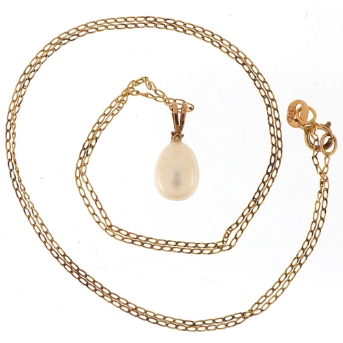 3518 - Cultured pearl and diamond pendant on a 9ct gold necklace, 1.5cm high and 44cm in length, total 1.4g