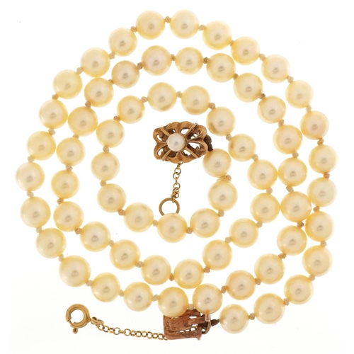 3541 - Cultured pearl necklace with 9ct gold clasp housed in a Davidsons Manchester jeweller's box, each pe... 