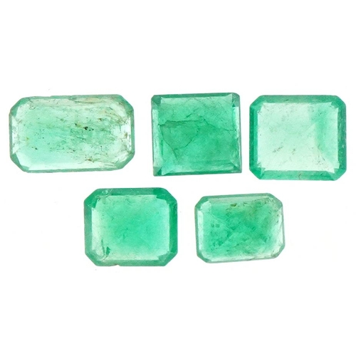 3271 - Five Columbian rectangle cut emeralds, the largest approximately 6.30mm wide