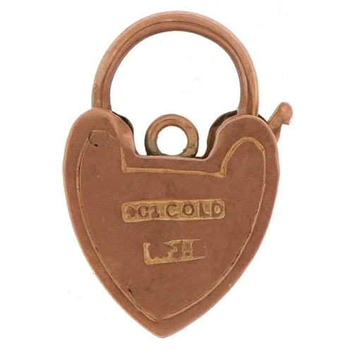 3343 - 9ct rose gold love heart padlock clasp engraved with foliage, 1.8cm high, 1.2g