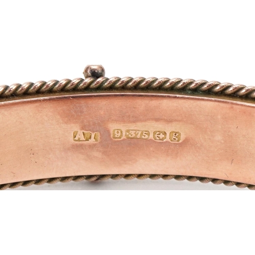 3060 - Edwardian 9ct rose gold blue stone and diamond hinged bangle, Birmingham 1906,  6.8cm wide, 15.0g