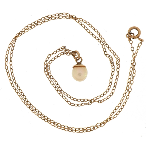 3401 - Cultured pearl pendant on a 9ct gold necklace, 42cm in length, total 1.3g