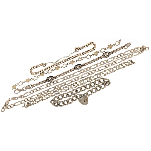 3317 - Five silver bracelets and a silver Figaro link necklace, total 83.8g