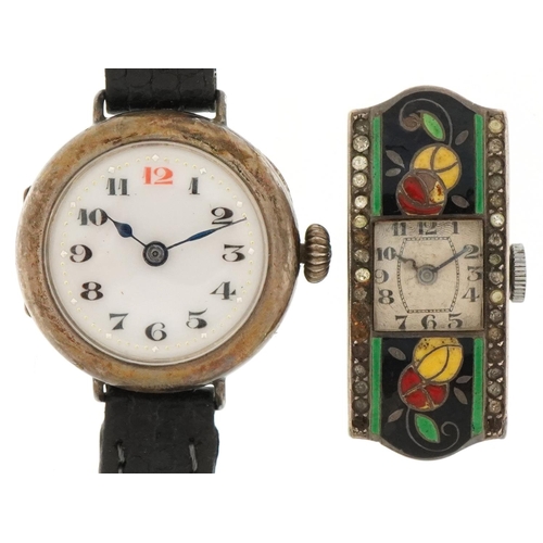 3380 - Two vintage silver wristwatches, one having enamelled case, the largest 35mm high