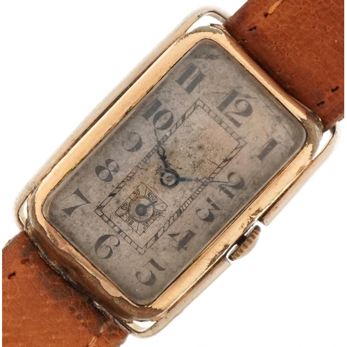 3286 - Art Deco gentlemen's gold plated manual wind wristwatch having silvered and subsidiary dials with Ar... 