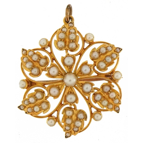 3034 - Edwardian unmarked gold seed pearl flower head pendant brooch, 2.7cm high, 5.8g